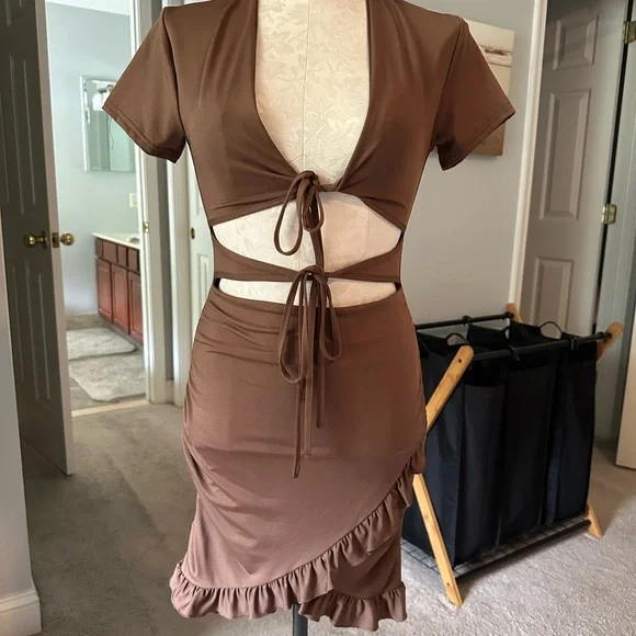 SHEIN | Dresses | Shein Brown Wrap Midi Dress With Ruffled Tie Front |  Poshmark